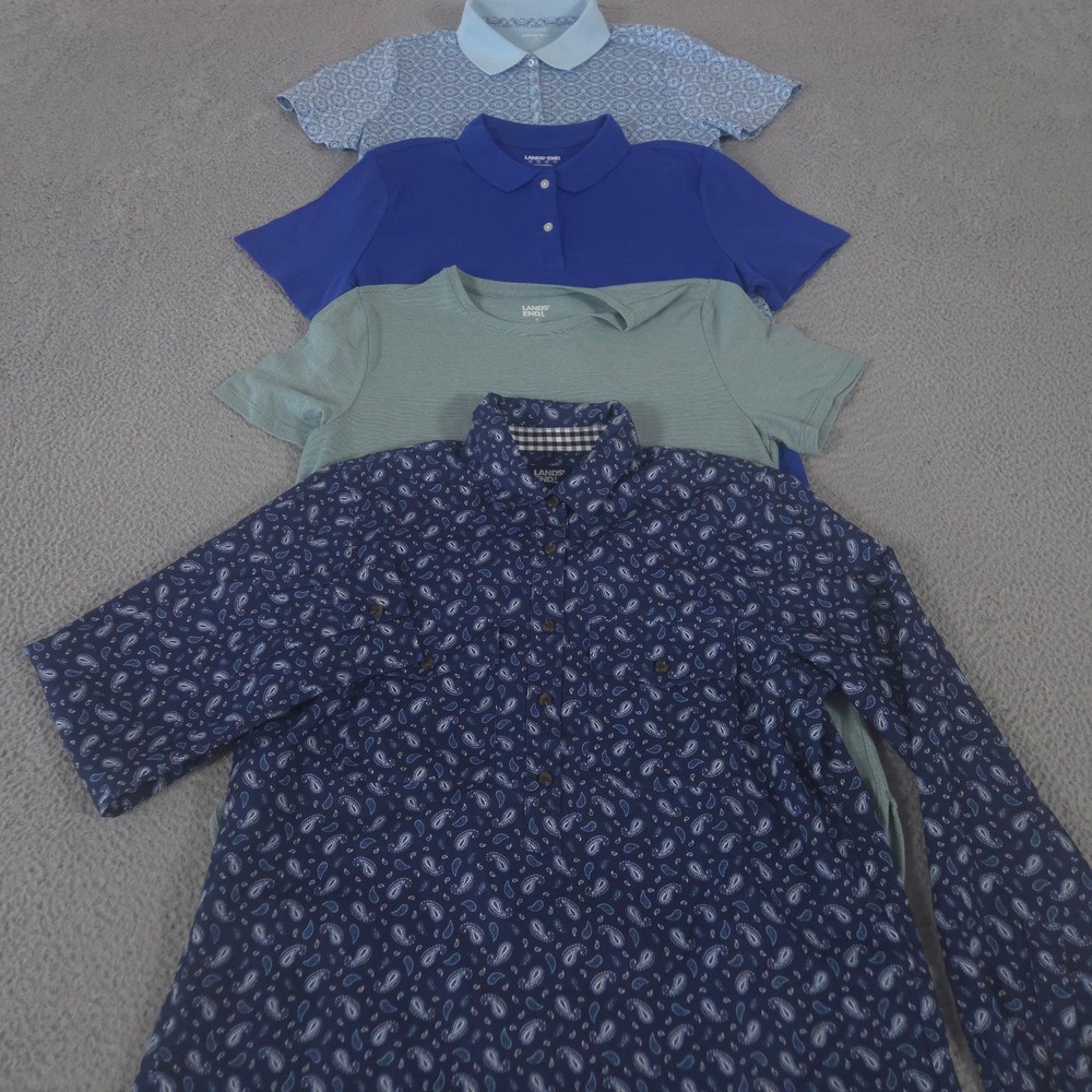 LOT OF 4 Lands End Top Womens M Multi Geometric Medallion Supima Cotton Polo Tee